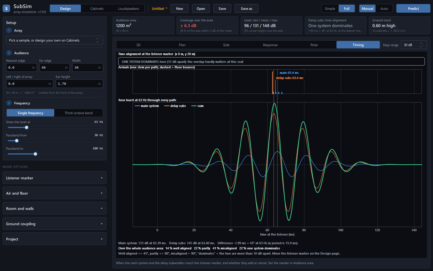 Time alignment view showing arrivals and a tone burst through the main and delay subwoofers